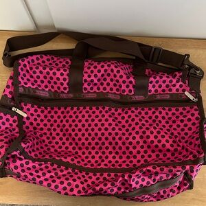 LIKE NEW LeSportsac Fuchsia Pink and Brown Polka Dot Travel Bag